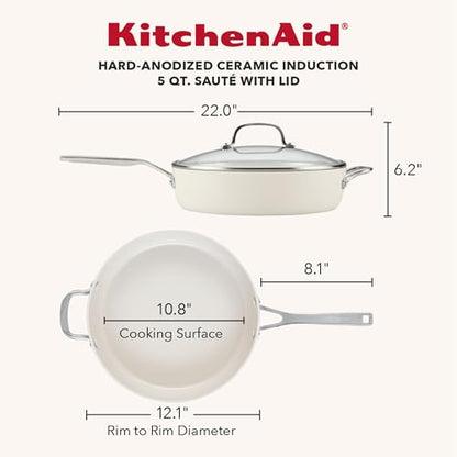 KitchenAid Hard Anodized Ceramic Induction Nonstick Cookware Saute Pan/Jumbo Cooker with Lid and Helper Handle, Dishwasher Safe, 5 Quart Sauteuse with Stainless Steel Handles - Porcelain White