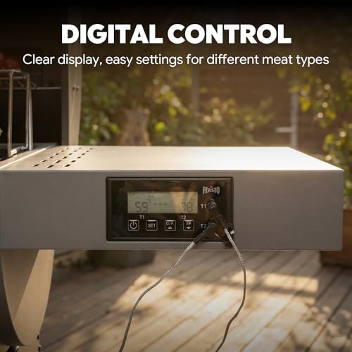 Feasto 30-Inch Heavy-Duty Charcoal Grill with Digital Temperature Control & 2 Meat Probes, Outdoor BBQ Grill with Offset Smoker, 832 Sq. In. Cooking Space for Backyard BBQ, Black & Grey