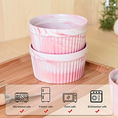 Yundu 4.5 Ounce Pink Marble Ceramic Ramekins - Perfect for Creme Brulee, Oven Safe Baking Bowls - Set of 6