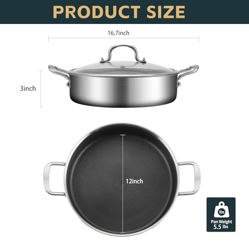 Yeksum Tri-Ply Stainless Steel 5 Quarts Saute Pan, 12.5 Inch Nonstick Skillet with lids, Hybird Large Frying Pan,18/10 Chef's Cooking Pan, Induction Pan, Dishwasher and Oven Safe