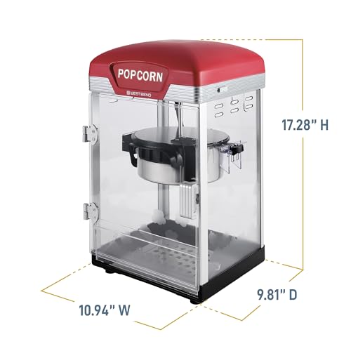 West Bend Stir Crazy Movie Theater Popcorn Popper, Popcorn Maker Machine with Nonstick Popcorn Kettle, Measuring Tool and Popcorn Scoop for Popcorn Machine, 4 Qt., Red
