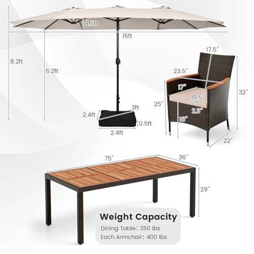 Tangkula 11 Pieces Rattan Outdoor Dining Set with 15Ft Solar Patio Umbrella for 8, Outdoor Wicker Table Set with 8 Cushioned Chairs, Acacia Wood Top, Outdoor Umbrella with Base Included