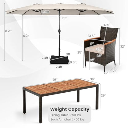 Tangkula 11 Pieces Rattan Outdoor Dining Set with 15Ft Solar Patio Umbrella for 8, Outdoor Wicker Table Set with 8 Cushioned Chairs, Acacia Wood Top, Outdoor Umbrella with Base Included