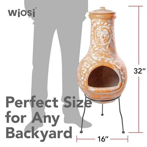 Wiosi Medium 𝗖𝗵𝗶𝗺𝗶𝗻𝗲𝗮 Outdoor Fireplace for Patio Clay Chimineas with Chimney Rain Lids and Solid Metal Stands - Yellow Terracotta Chimenea - Rustic Wooden Fire Pit Chimnea 16 x 16 x 32-inch