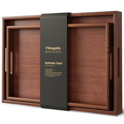 Fibogollo Bamboo Set of 2 Serving Tray with Handles,Decorative Trays Platter,Breakfast Tray in Bed,Food Drinks Tray for Eating,Working,Storing(Brown)