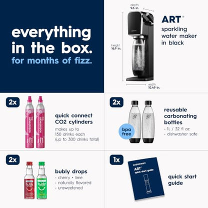SodaStream ART Sparkling Water Maker, Value Bundle, Soda Maker, Includes 2 Quick Connect 60L CO2 Cylinders, 2 Dishwasher Safe BPA Free Bottles, 2 bubly Flavor Drops, Make your own Pepsi, Black