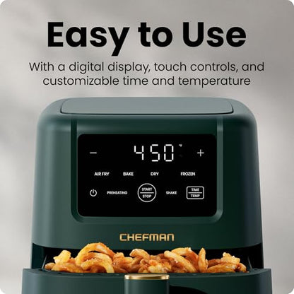 Chefman Compact Air Fryer 3.5 QT - Slim Design Fits Small Kitchens, 4-in-1 Air Fry, Bake, Dehydrate, Frozen, 450°F Max Temp, Narrow Footprint Saves Counter Space, Nonstick Ceramic, Dishwasher-Safe