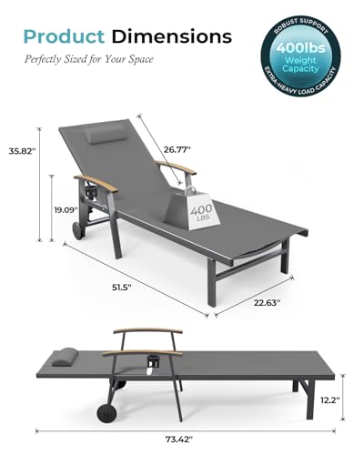 Ciokea Outdoor Lounge Chair with Pillow, 5-Position Aluminum Chaise Lounge with Wheels & Armrests, 400 lbs Heavy Duty Patio Pool Chair for Deck, Backyard, Beach & Poolside, Grey