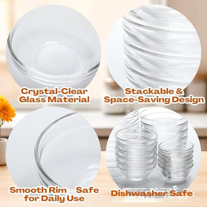 LemonRoad 20 Pcs Glass Prep Bowls Sets 4 Sizes 1.5/2.5/4.5/8.5 oz Cooking Clear Small Prep Pinch Bowls Mini Stackable for Toppings, Kitchen, Salt, Spices, Dipping, Baking & Meal