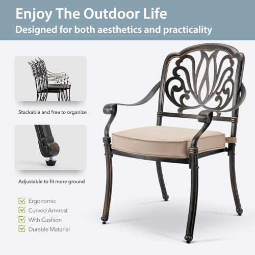 AIWOEN 5-Piece Cast Aluminum Patio Furniture, Outdoor Dining Sets for 4 Include 54" Round Patio Dining Table and 4 Stackable Chairs with Cushions & Umbrella Hole (Bronze)