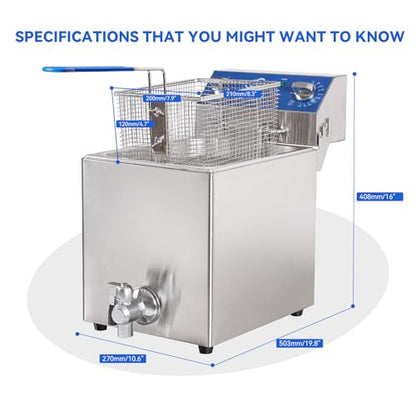 TOPKITCH 8.5Qt Electric Fryer with Oil Drain,30 Minutes Timer,Stretch forming oil tank,Lid and Solid Wire Mesh Basket,Medium Duty Commercial Electric Countertop Deep Fryers-120V,1800W