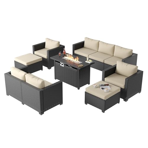 Aoxun 7 Piece Patio Furniture Set with Fire Pit Table, 9 Seats Outdoor Furniture Set with Wicker Ottomans, Rattan Outdoor Sectional Sofa with Thickened Cushion & Waterproof Cover Beige