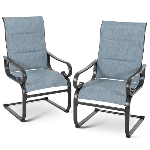 NUU GARDEN Set of 2 Padded Textilene Patio Dining Chairs C Spring Outdoor Chairs with Curved Armrests Powder Coated Metal Frame Patio Furniture for Garden Backyard Poolside Lawn Blue and Black