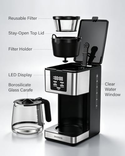 SHARDOR 12-Cup Programmable Coffee Maker, Regular & Bold, LED Display