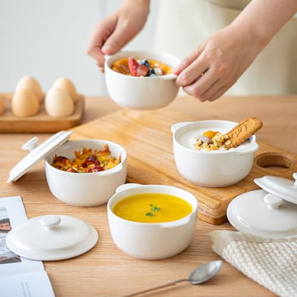 4-Pack Ceramic Mini Cocotte Set, 10 Oz Stoneware Casserole Dishes with Handles & Lids, Oven-Safe Ramekins for Soufflé, Soup, Cobbler & Baking, Individual Serving Bakeware, Off White