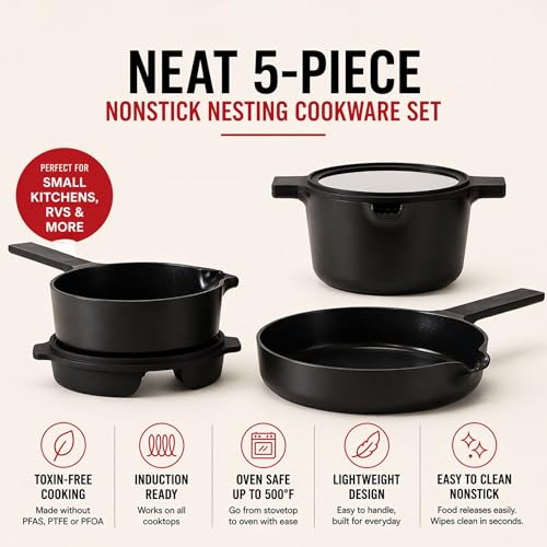 Alva Neat 5-Piece Nonstick Nesting Cookware Set, Lightweight Pots & Pans Set, Easy to Store, Induction + Oven Safe, Made Without PFAS, PTFE or PFOA, Non Stick Cookware Set for Small Kitchens and RVs