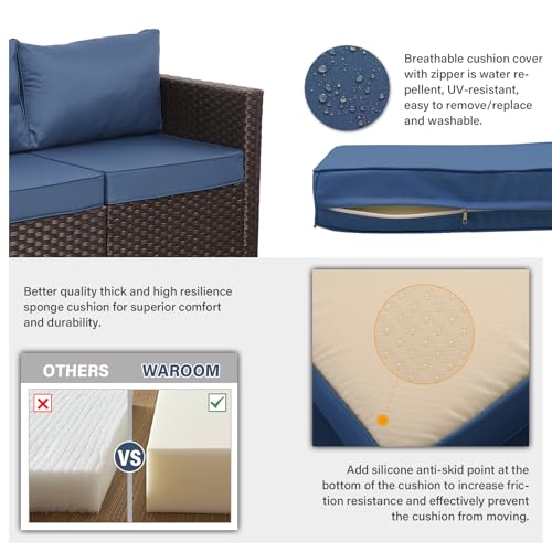 WAROOM Patio Furniture Set 4 Piece Conversation Sets Brown Rattan Outdoor Couch Loveseat Wicker Sectional Sofa with Storage Box Glass Top Table, Navy Blue Cushion