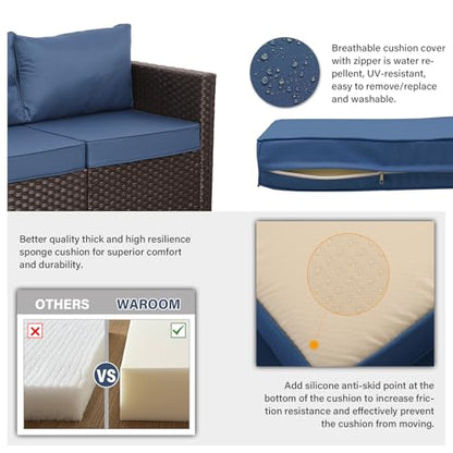 WAROOM Patio Furniture Set 4 Piece Conversation Sets Brown Rattan Outdoor Couch Loveseat Wicker Sectional Sofa with Storage Box Glass Top Table, Navy Blue Cushion