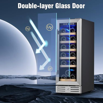 Kalamera Mini Fridge 18 Bottle - 12 inch Wine Cooler Refrigerator, Built-in or Freestanding, with Stainless Steel & Double-Layer Tempered Glass Door, and Temperature Memory Function Wine Fridge