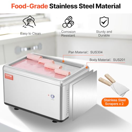 VEVOR Fried Ice Cream Machine, 12.6" x 8.5" 120W Stir-Fried Ice Cream Roll Maker with Compressor and 2 Scrapers, for Making Dessert Rolls, Frozen Yogurt