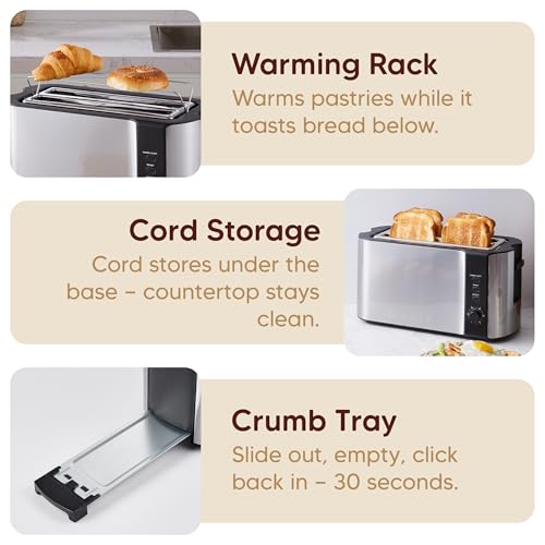 Elite Gourmet ECT-3100 4-Slice Long Slot Toaster | Extra Wide Slots for Bagels, Sourdough & Texas Toast | 6 Browning Settings | Reheat, Defrost & Cancel | Built-In Warming Rack | Stainless Steel