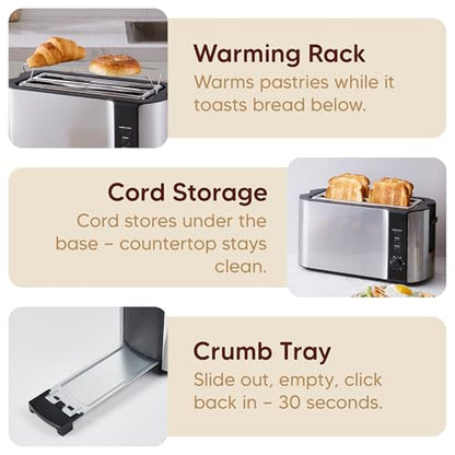 Elite Gourmet ECT-3100 4-Slice Long Slot Toaster | Extra Wide Slots for Bagels, Sourdough & Texas Toast | 6 Browning Settings | Reheat, Defrost & Cancel | Built-In Warming Rack | Stainless Steel