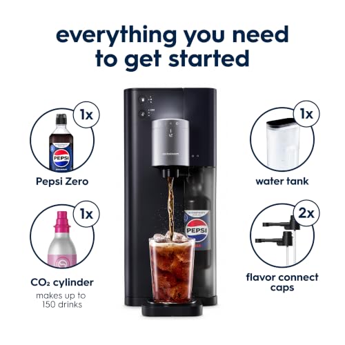 Sodastream Fountain |Soda Machine and Sparkling Water Maker Starter Kit (Silver/Black) With 60L CO2 Canister, Water Tank, 2 Flavor Connectors and Pepsi Zero Flavor