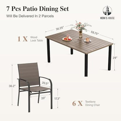 HERA'S HOUSE Patio Table and Chairs for 6, 7 Pieces Outdoor Deck Dining Sets, Wood-Like Rectangular Metal Table Set with Chairs for Lawn Garden Backyard, Brown