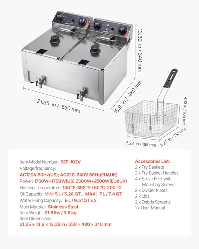 VEVOR Commercial Electric Deep Fryer, Upgrade Dual Tank 19 Qt, 3500W Stainless Steel Countertop Fryer with Baskets & Lids, Temp Control, Timer, Overheat Protection, for Commercial Restaurant, Silver