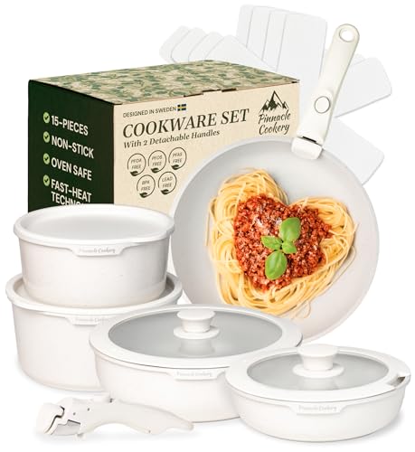 Pinnacle Cookery 15-Piece White Granite Nonstick Cookware Set – Detachable Handles & Tempered Glass Lids – Stackable & Cool-Touch - Induction & Oven Safe to 480°F - Scratch-Resistant, PFOA & PFOS-Free