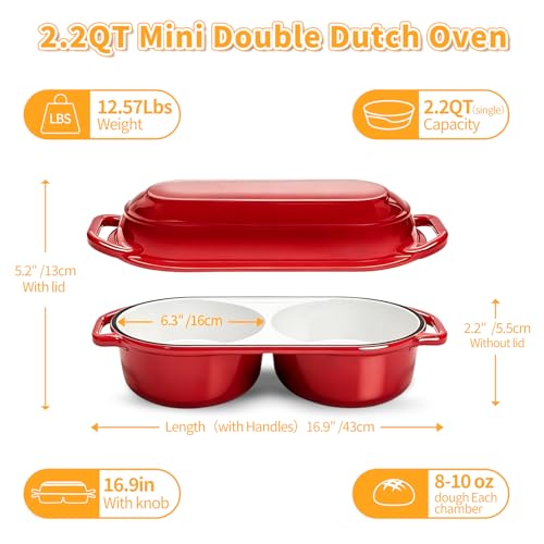Mini Double Dutch Oven For Sourdough Bread Baking, 2.2QT Enameled Cast Iron Dutch Oven Pot With Lid, Non Stick Dual Round Bread Loaf Pan, 500°F Oven Safe, Sourdough Baking Pan For Homemade Baking