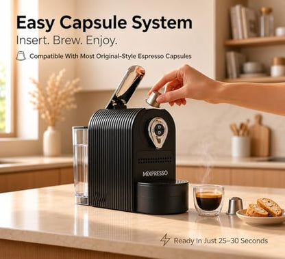 Mixpresso Black Espresso Coffee Machine – Compact 1400W Single Serve Coffee Maker Compatible with Nespresso OriginalLine Capsules, One-Touch Operation, 19-Bar Italian Pump, 27oz Water Tank
