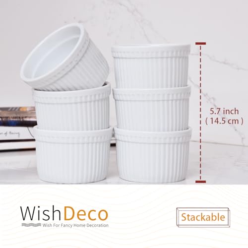 WishDeco Ramekins Set of 6, Creme Brulee Ramekins 7 oz, White Dipping Sauce Dishes, Porcelain Ramekin Bowls for Baking, Souffle, Custard Pudding, Cake, Oven Safe