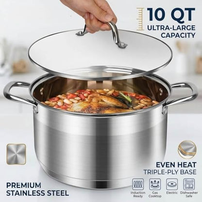 LEUGWAKN 10 Quart Stock Pot with Glass Lid, Premium Food-Grade Stainless Steel Soup Pot, Large Pot for Cooking Stew, Chili & Canning, Induction Compatible Cookware, Dishwasher & Oven Safe