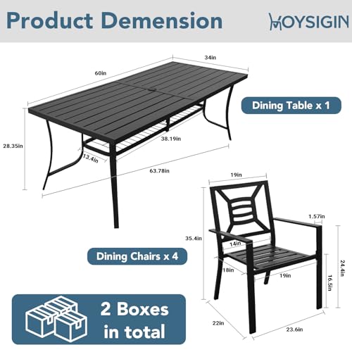 VOYSIGN 5 Piece Outdoor Patio Dining Sets, 60" Rectangular Metal Dining Table with Umbrella Hole & 4 Stackable Metal Chairs, Weather Resistant Garden Furniture Set for Backyard, Deck, Porch