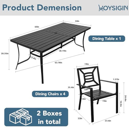 VOYSIGN 5 Piece Outdoor Patio Dining Sets, 60" Rectangular Metal Dining Table with Umbrella Hole & 4 Stackable Metal Chairs, Weather Resistant Garden Furniture Set for Backyard, Deck, Porch