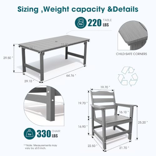 THOEOE 7 Pcs Outdoor Dining Set, 70" HDPE Dining Set for 6, Grey