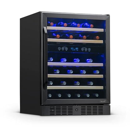 NewAir 24" Dual Zone Wine Fridge for 46 Bottles | Built-In or Freestanding Wine Cooler Refrigerator with Glass Door | Quiet Cooling & Adjustable Shelves for Red and White Wine | Black Stainless Steel