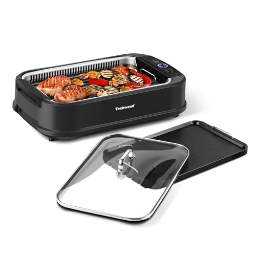 Techwood Indoor Grill Smokeless Grill, Electric Korean BBQ Grill with Glass Lid, Turbo Smoke Extractor Technology, Dishwasher-Safe Drip Tray & Nonstick Grilling Removable Plate, Black, 1500W