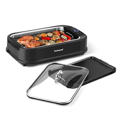 Techwood Indoor Grill Smokeless Grill, Electric Korean BBQ Grill with Glass Lid, Turbo Smoke Extractor Technology, Dishwasher-Safe Drip Tray & Nonstick Grilling Removable Plate, Black, 1500W