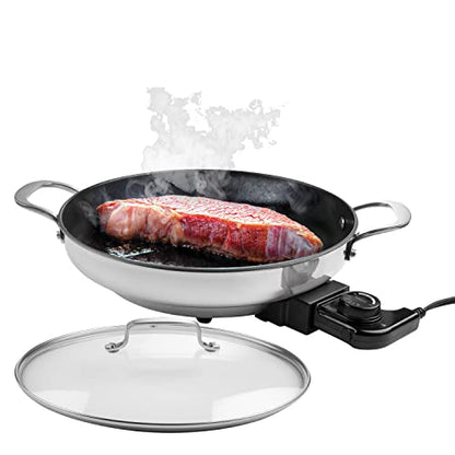 Electric Skillet By CucinaPro- 18/10 Stainless Steel, Frying Pan w Non Stick Interior, Tempered Glass Lid w Handles, 12" Round, Temperature Control Probe for Adjustable Heat Settings, Portable, Gift