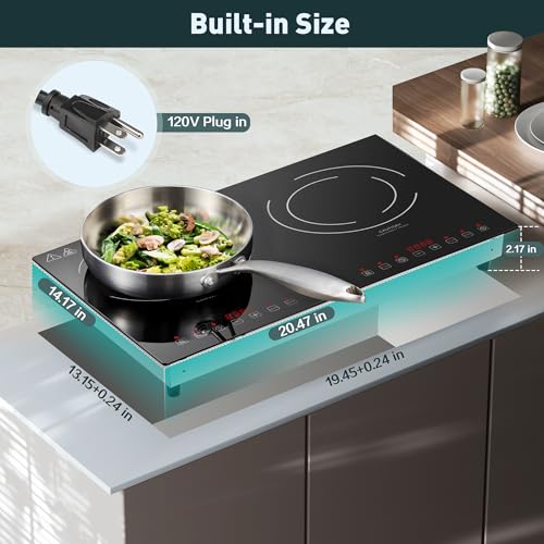 Induction Cooktop with 2 Burners, Horizontal Electric Stove, Built-In Induction Cooker, 1800W Sensor Touch Electric Cooktop, 9 Power Levels, Timer, Safety Lock, 120V, 20 Inch
