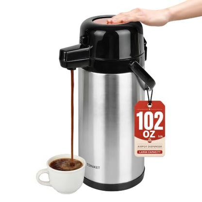 TOMAKEIT Airpot Coffee Carafe for Keeping Hot,102oz/3L Coffee Dispenser Thermal with Pump,Insulated Stainless Steel Hot Beverage Dispenser for Parties,Thermal Carafe for Hot Drinks Water Tea Chocolate