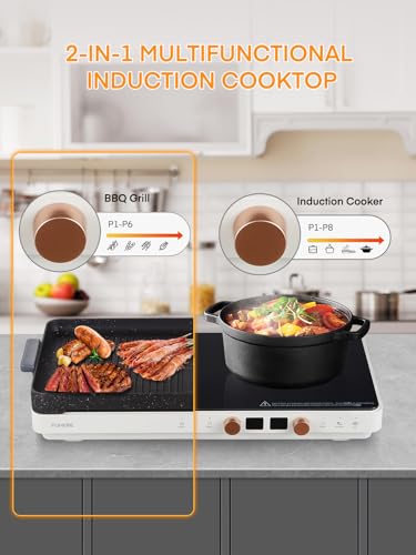 Induction Cooktop 2 Burners, Double Induction Griddle Cooktop 1800W with Removable Iron Cast Griddle Pan Non-stick, Independent Temperature Control, 8 Power Levels, 99 Min Timer for Magnetic Cookware