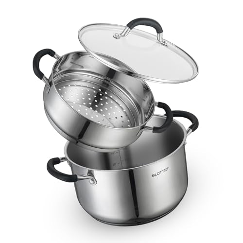 SLOTTET 6 Quart Stainless Steel Stock Pot with Steamer,6 Qt Multipurpose Stockpot with Stay-cool silicone Handle and Glass Lid,Soup Pot for Cooking