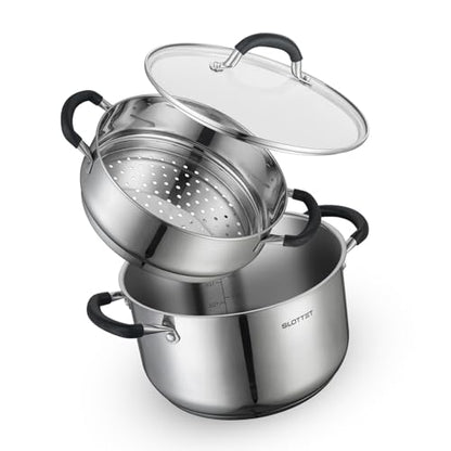 SLOTTET 6 Quart Stainless Steel Stock Pot with Steamer,6 Qt Multipurpose Stockpot with Stay-cool silicone Handle and Glass Lid,Soup Pot for Cooking