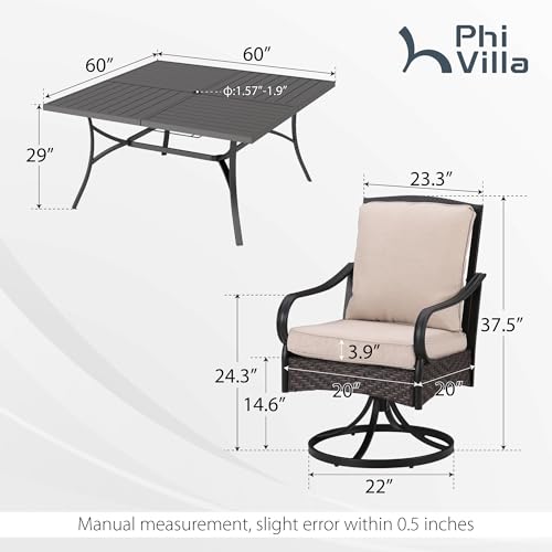 PHI VILLA 9 Piece Outdoor Dining Sets, 60" All-Weather Patio Table and Chairs Set for 8, Heavy Duty Patio Table Set Square for Deck, 8 Extra Large Outdoor Swivel Chairs with Thick Cushions
