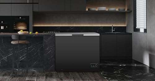 Chest Deep Freezer, 7 Cu. Ft, Black Adjustable Thermostat-Removable Vinyl Coated Wire Basket-Easy Defrost Drain, Eye-Catching Stainless Steel Top Door- Garage Ready