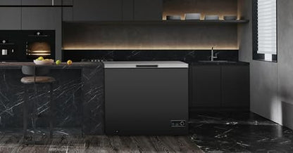 Chest Deep Freezer, 7 Cu. Ft, Black Adjustable Thermostat-Removable Vinyl Coated Wire Basket-Easy Defrost Drain, Eye-Catching Stainless Steel Top Door- Garage Ready