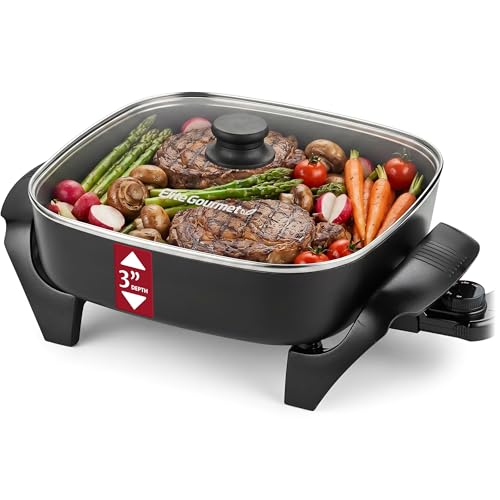 Elite Gourmet PFAS-Free Ceramic Electric Skillet, Extra Deep 12"x12"x3", Less Splatter, Dishwasher Safe, Rapid Heat, EG2313, 1200W, Black